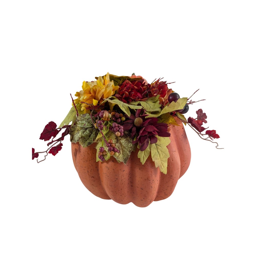 Faux Pumpkin Floral Arrangement Autumn Harvest Centerpiece Orange 9in